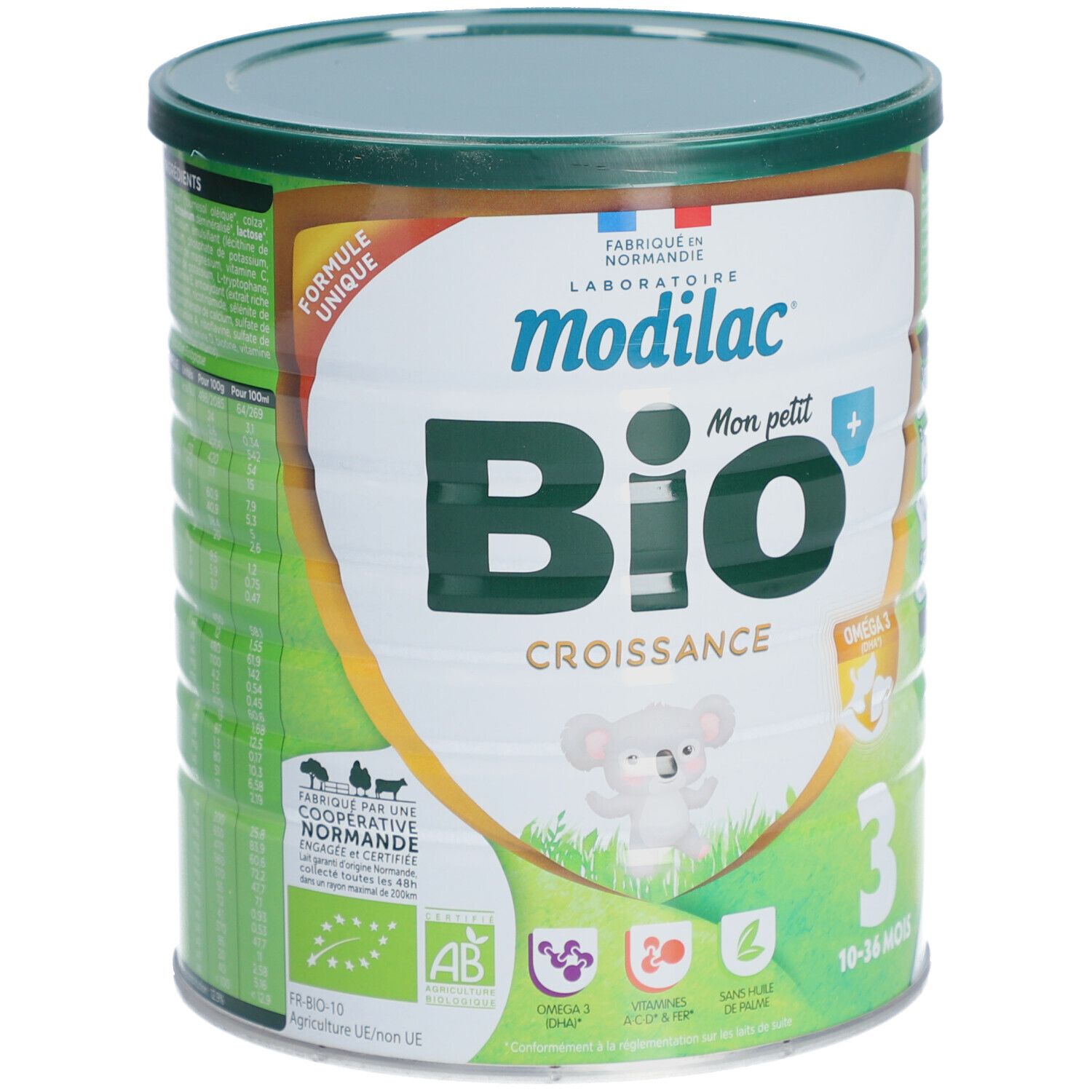 Boîte verte Modilac Bio Croissance 3. Inscriptions : Bio, Oméga 3, illustration koala, 10-36 mois.