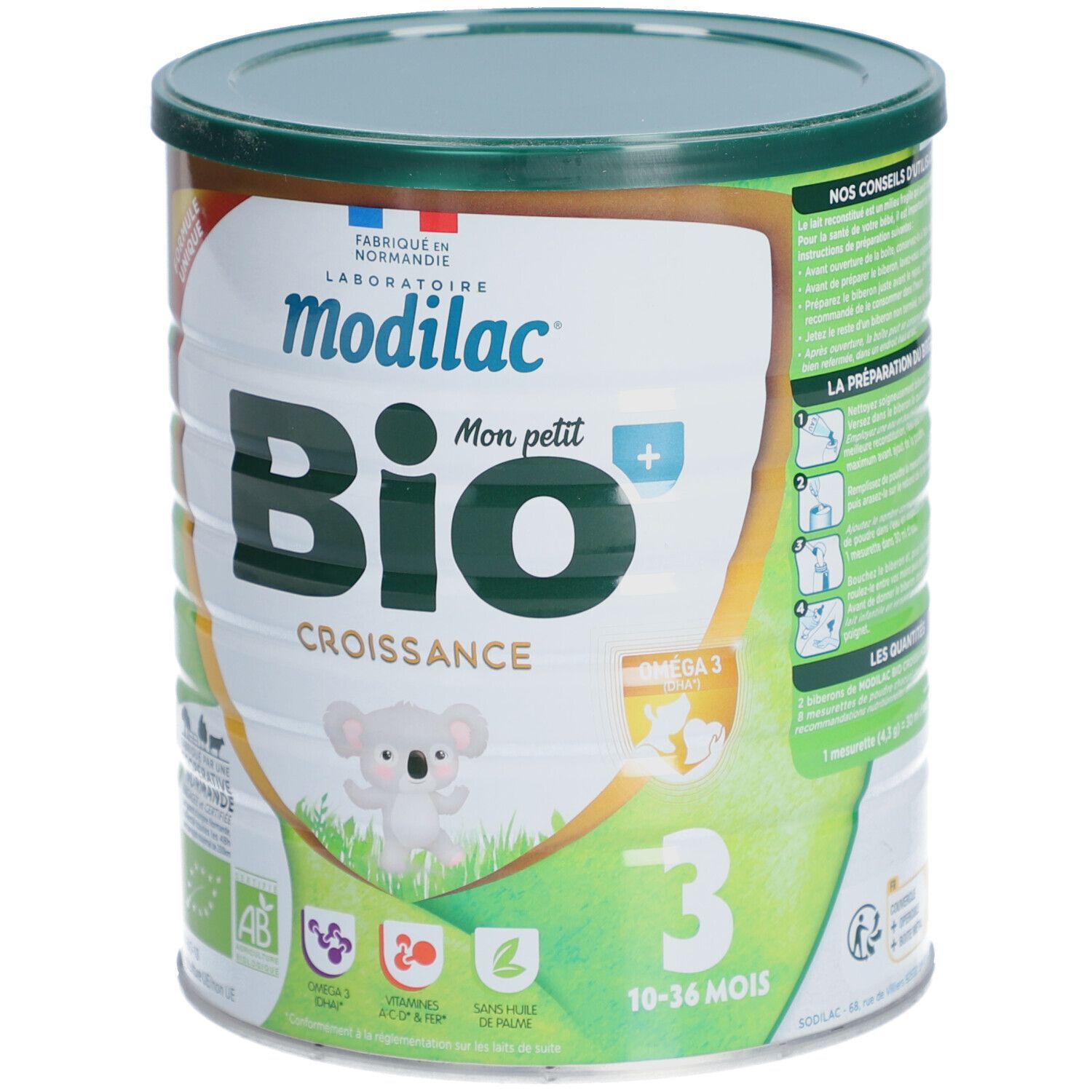 Boîte verte Modilac Bio Croissance 3. Inscriptions : Bio, Oméga 3, illustration koala, 10-36 mois.