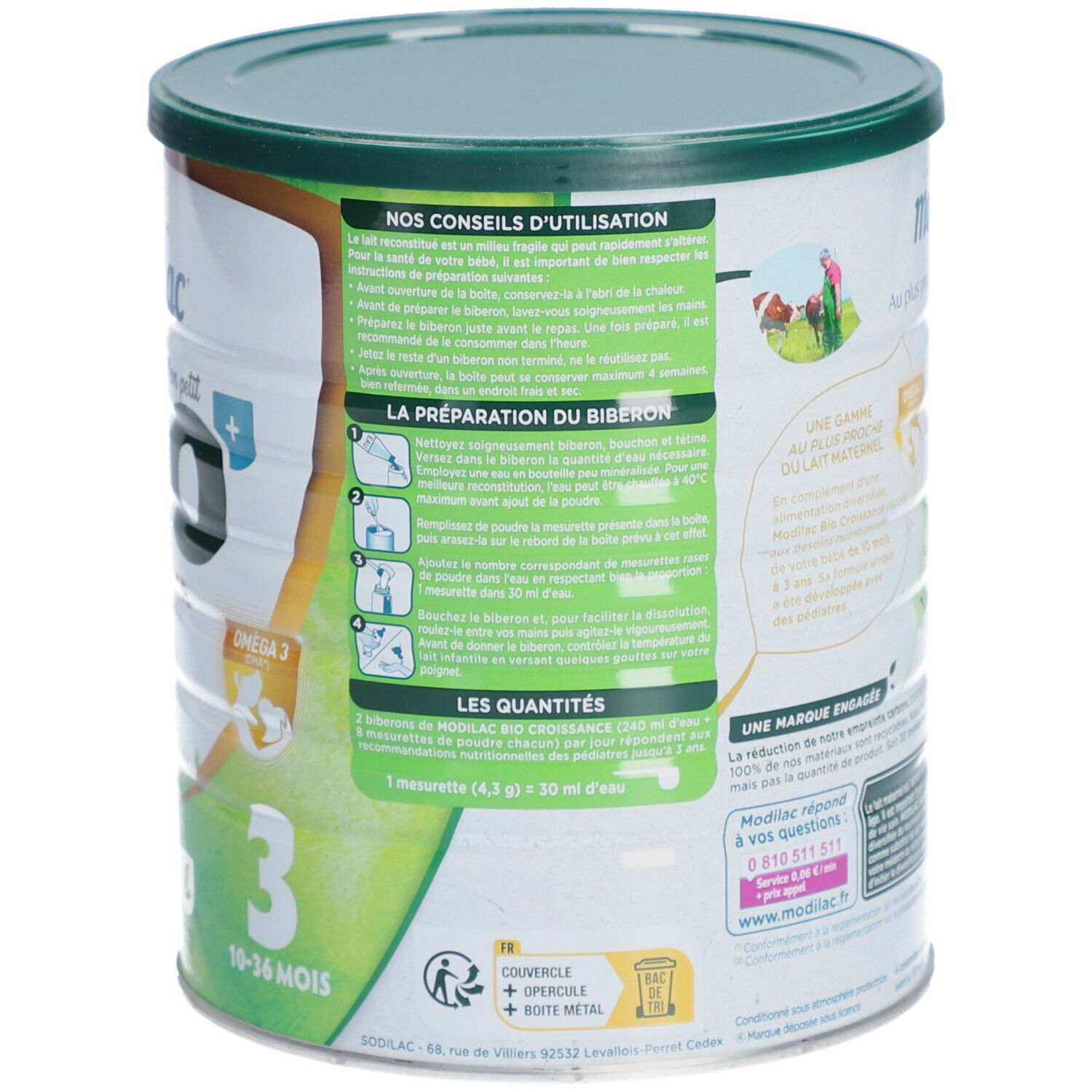 Dos de la boîte Modilac Bio Croissance 3. Instructions de préparation et de dosage.