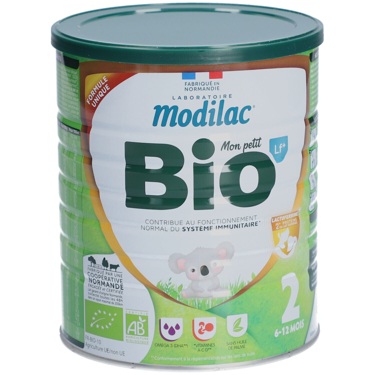 Modilac Bio 2ème âge blik, groene deksel. Opschrift: Bio, Mon petit, 2. Bevat Omega 3, Vitamine D, zonder palmolie. 6-12 maanden.