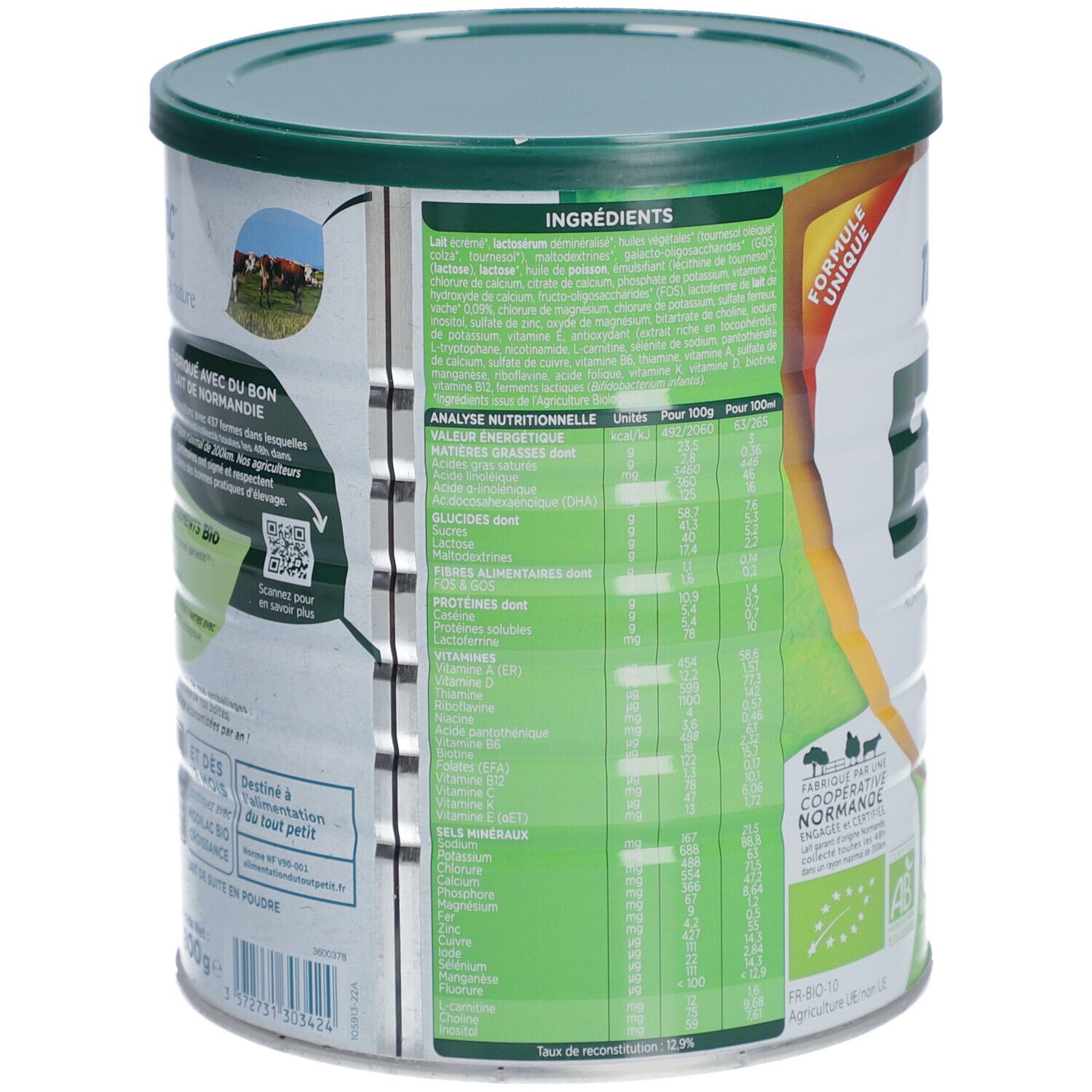 Achterkant van de Modilac Bio-verpakking. Bevat voedingswaarde-informatie en ingrediënten. Groen-witte kleuren. Franse tekst. Met Bio-label.