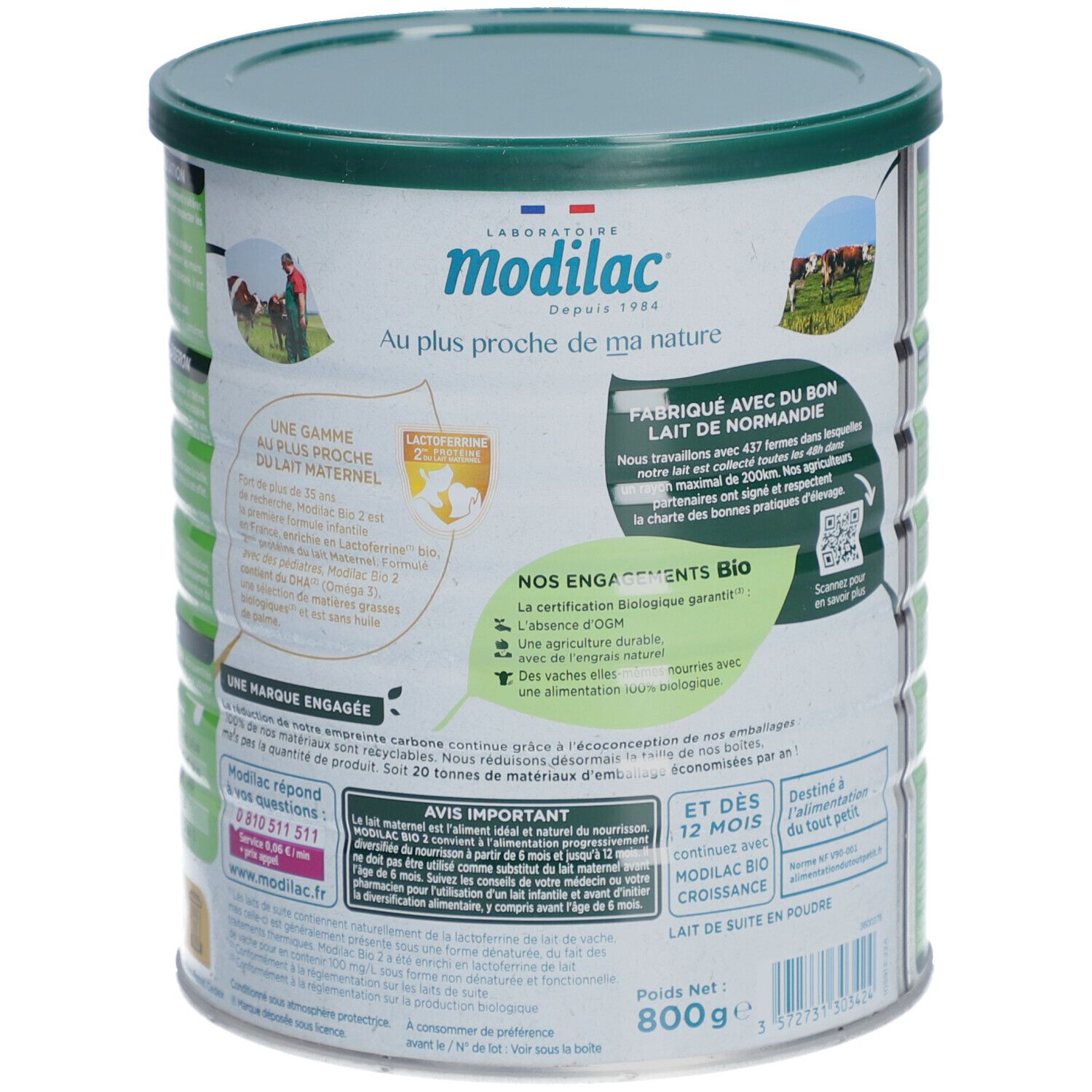 Achterkant van de Modilac Bio-verpakking. Franse tekst. Bevat informatie over het merk en de productie. Met Bio-label.