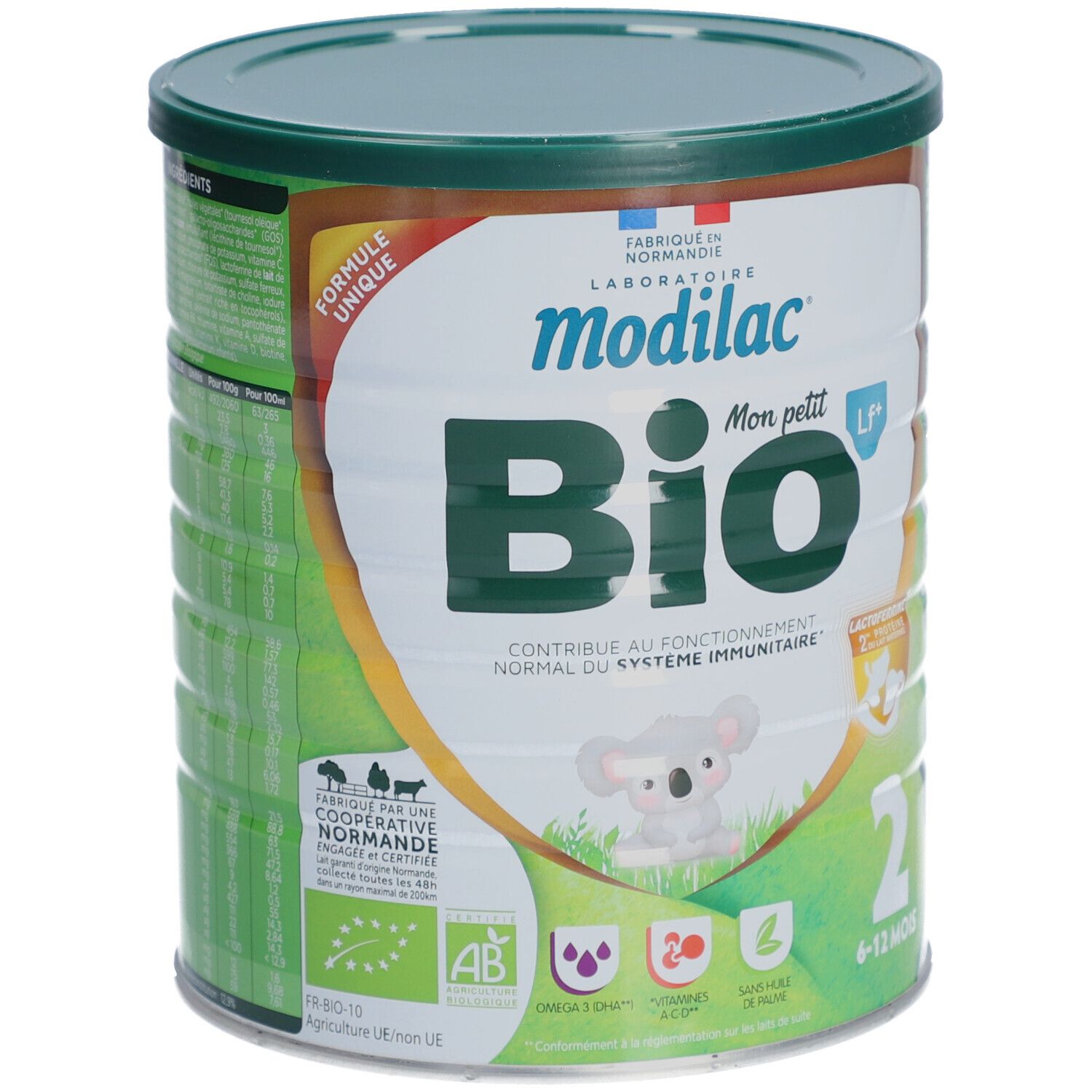 Modilac Bio 2ème âge blik, groene deksel. Opschrift: Bio, Mon petit, 2. Bevat Omega 3, Vitamine D, zonder palmolie. 6-12 maanden.