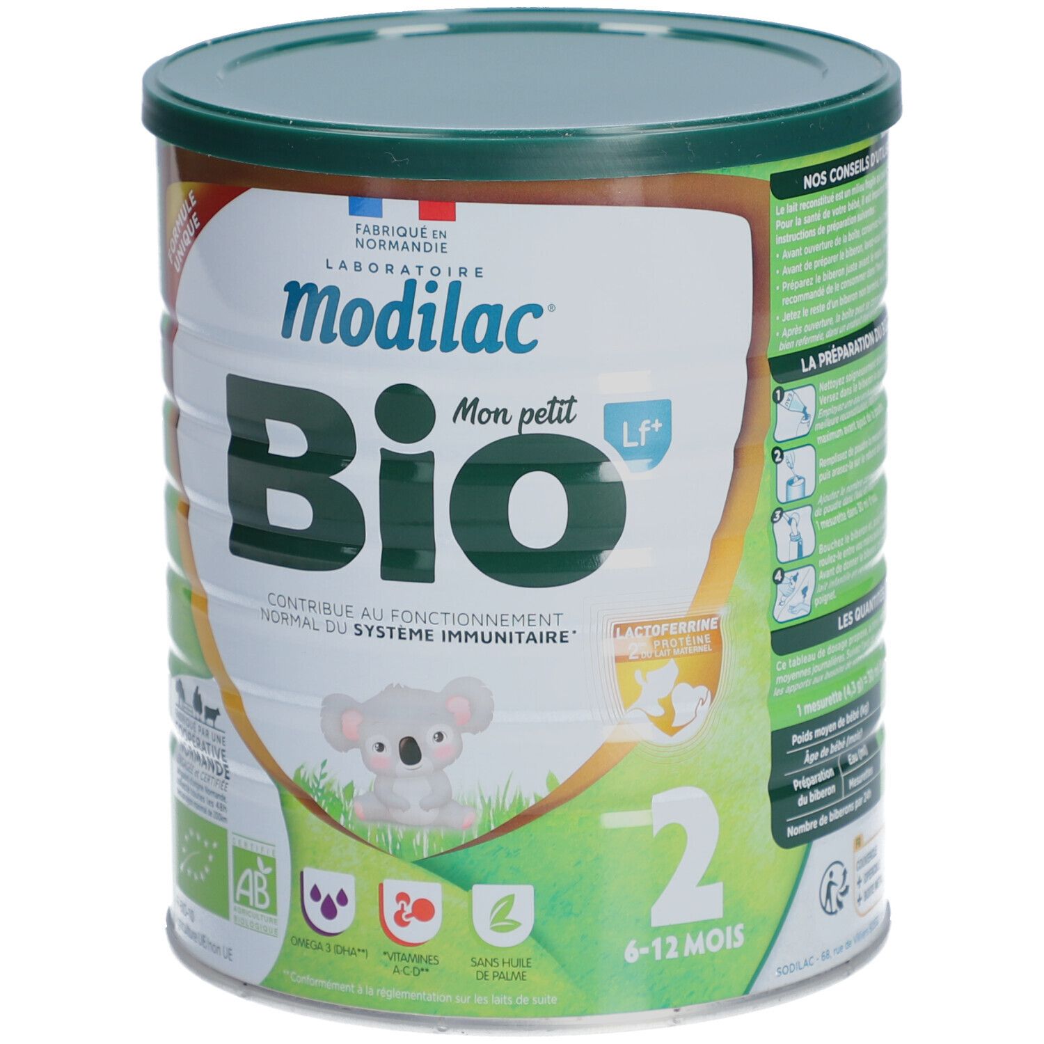 Modilac Bio 2ème âge blik, groene deksel. Opschrift: Bio, Mon petit, 2. Bevat Omega 3, Vitamine D, zonder palmolie. 6-12 maanden.