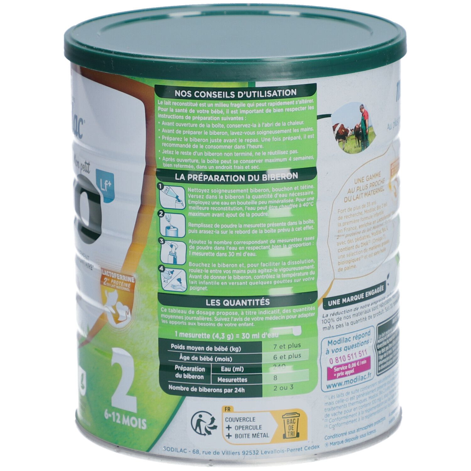 Achterkant van de Modilac Bio-verpakking. Bevat gebruiksaanwijzingen en doseertabellen. Franse tekst. Met groene accenten.