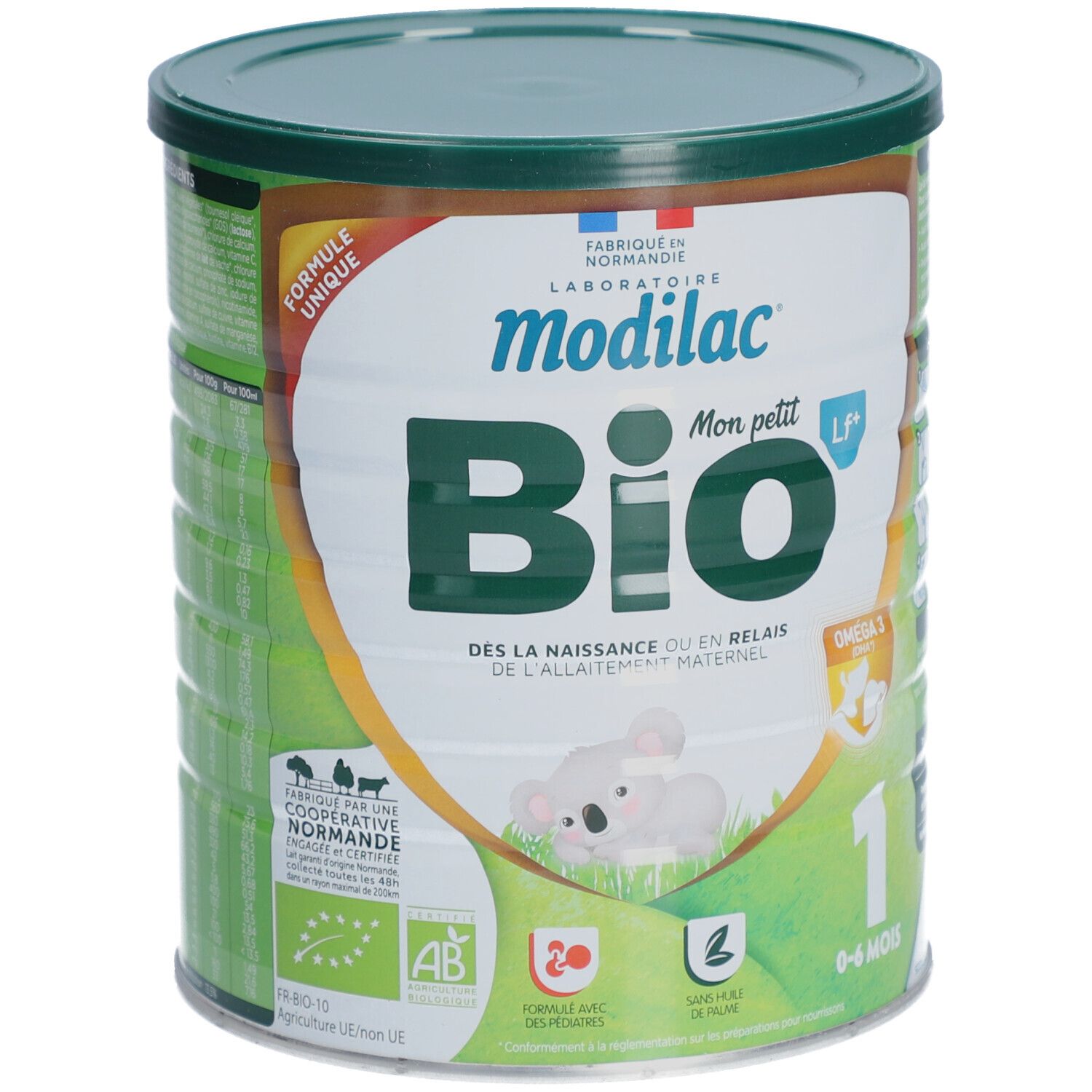 Blik babyvoeding. Groen-wit ontwerp met logo en tekst. Bio-certificering. Koala-illustratie.