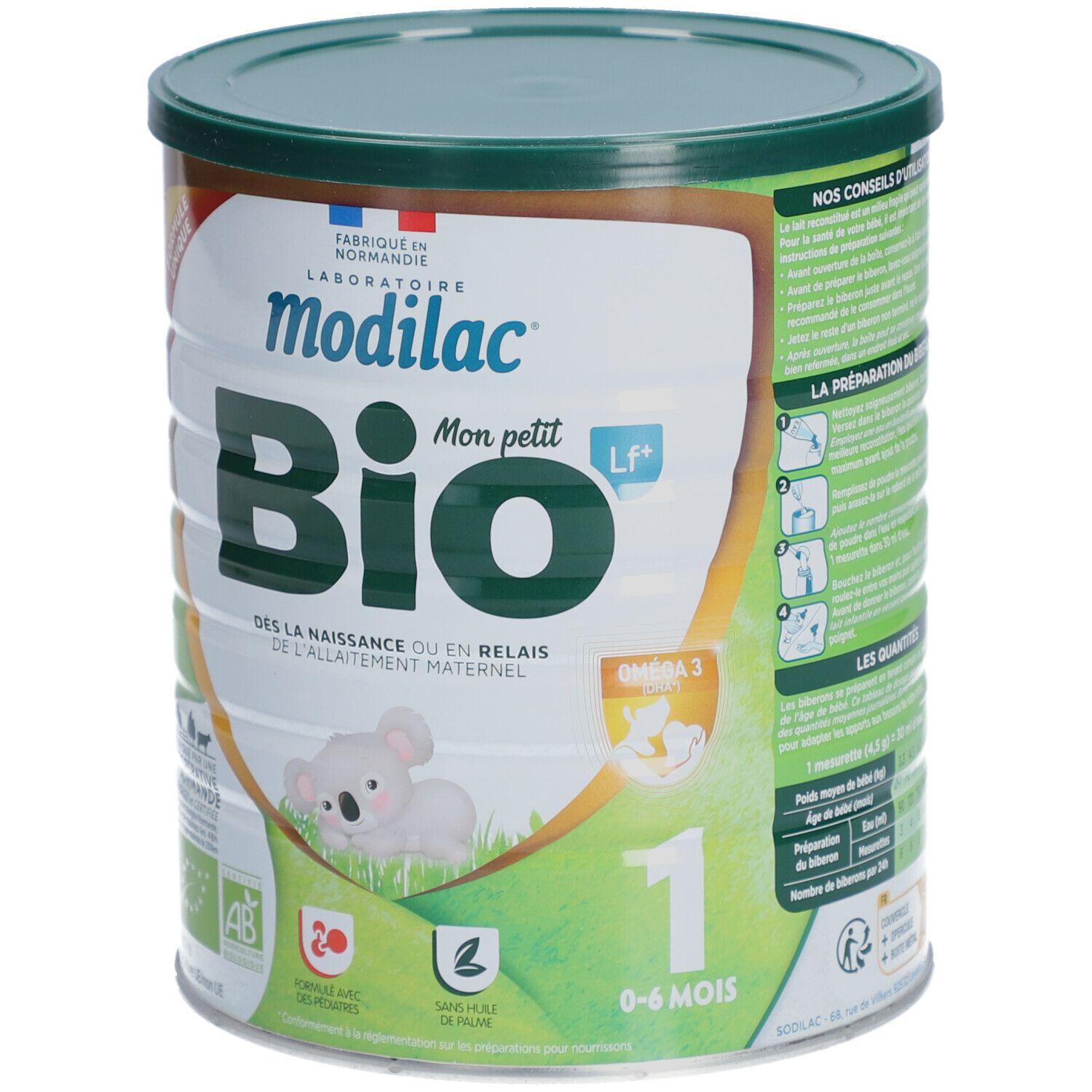 Blik babyvoeding. Groen-wit ontwerp met logo en tekst. Bio-certificering. Koala-illustratie.
