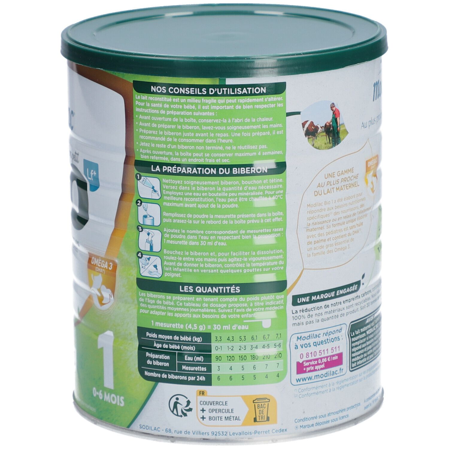 Achterkant van de babyvoeding. Gebruiksaanwijzing en doseertabellen. Bio-certificering.