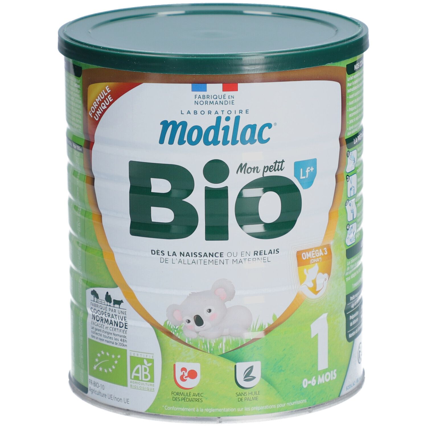 Blik babyvoeding. Groen-wit ontwerp met logo en tekst. Bio-certificering. Koala-illustratie.