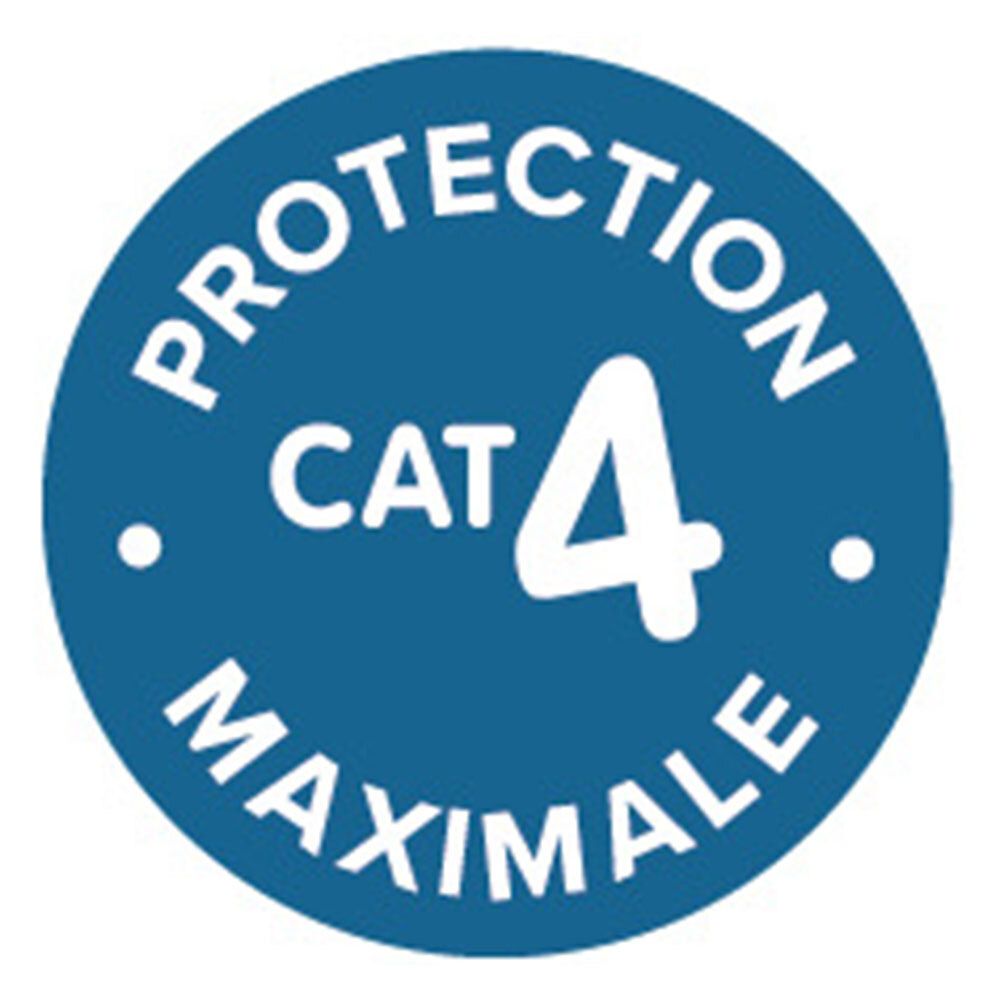 Blauwe cirkel met witte tekst: PROTECTION CAT 4 MAXIMALE.