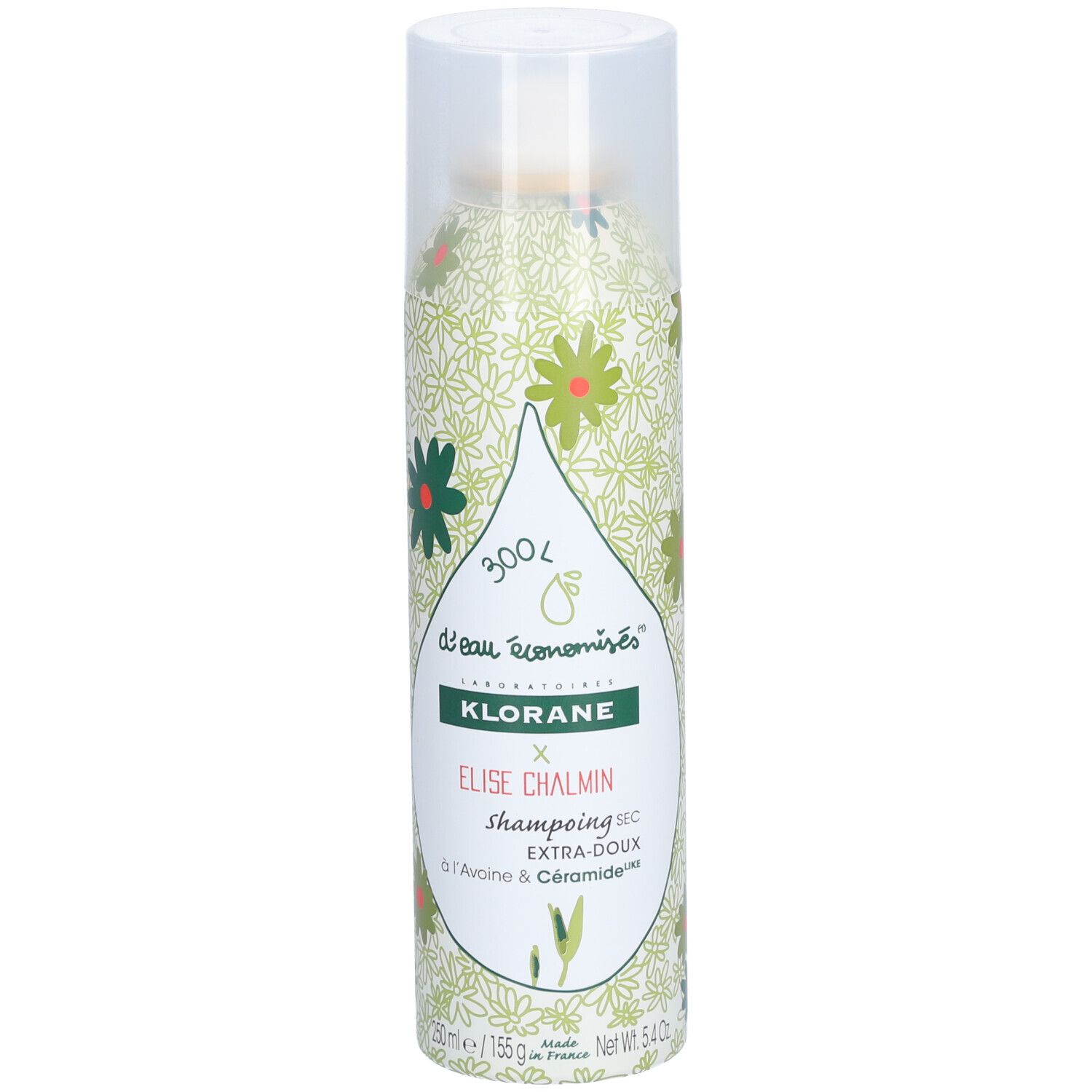 Droogshampoo spray met bloemenpatroon. Transparante dop en sproeikop. Opschrift: KLORANE, Elise Chalmin, Extra-doux.