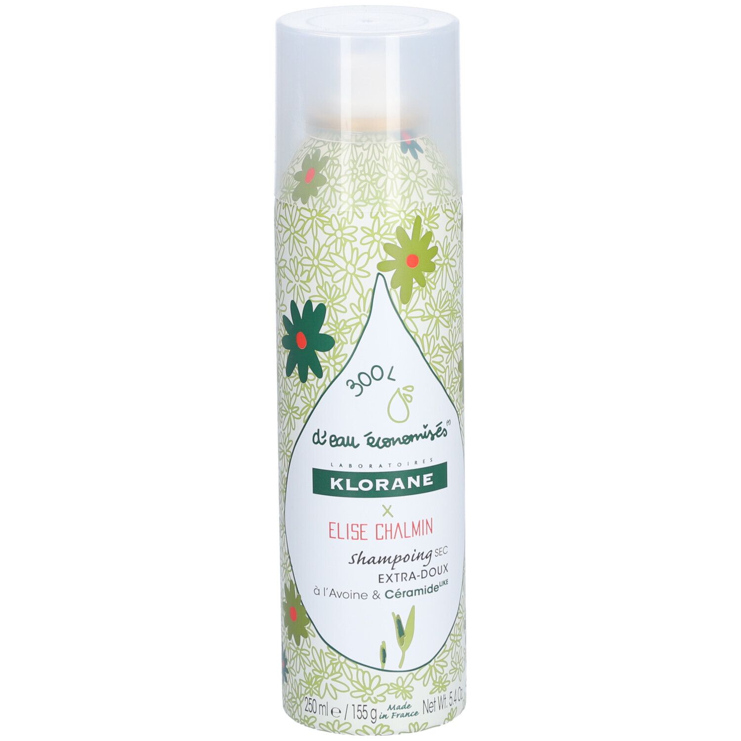 Droogshampoo spray met bloemenpatroon. Transparante dop en sproeikop. Opschrift: KLORANE, Elise Chalmin, Extra-doux.