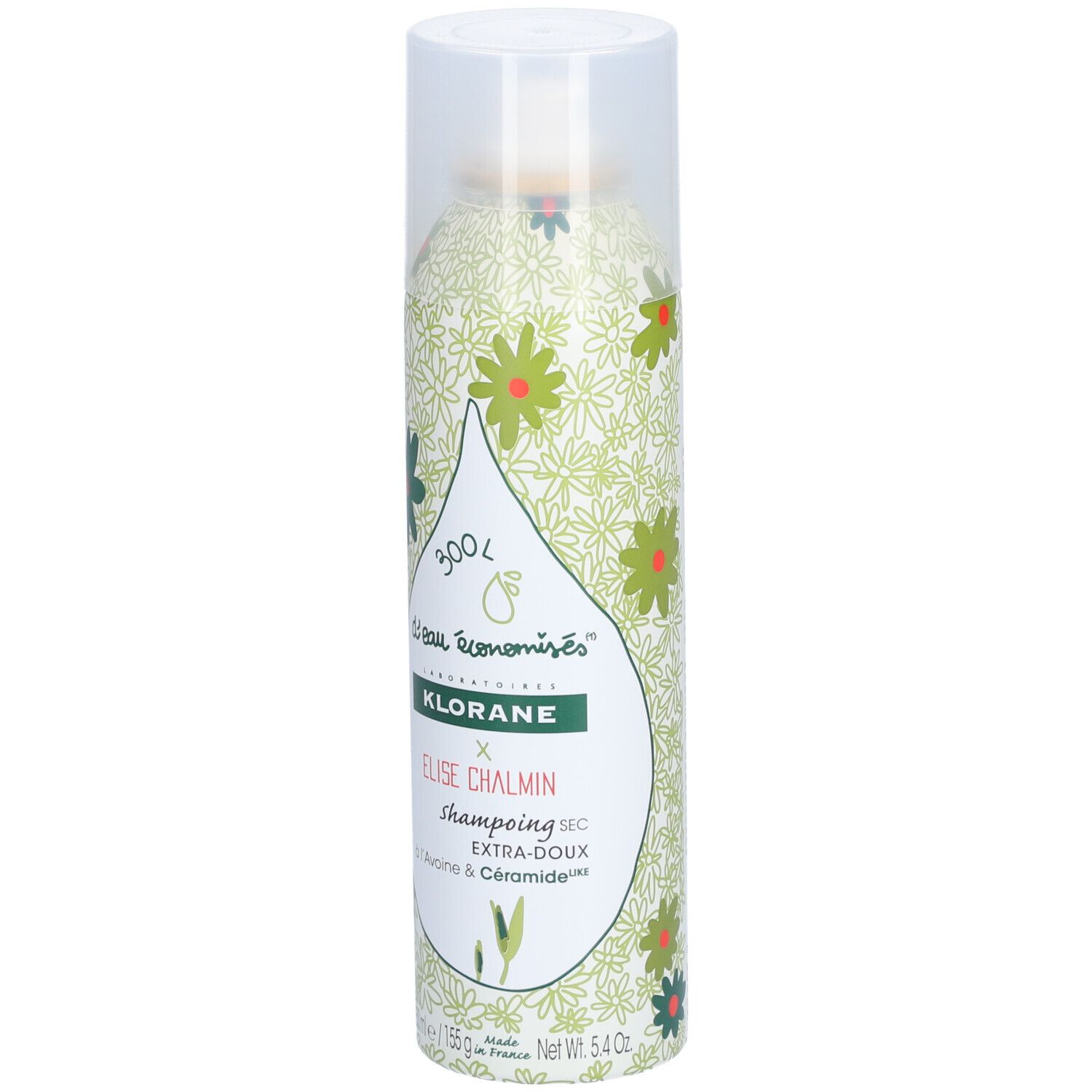 Droogshampoo spray met bloemenpatroon. Transparante dop en sproeikop. Opschrift: KLORANE, Elise Chalmin, Extra-doux.