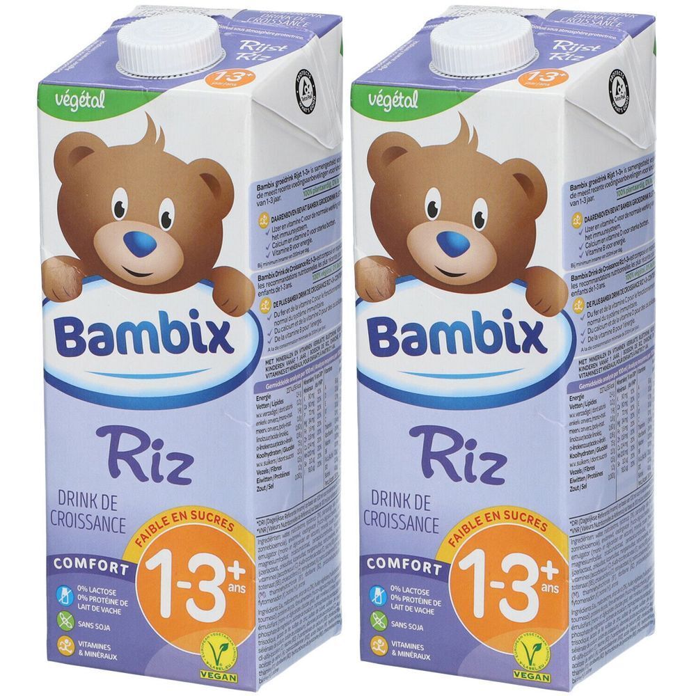 Twee drankverpakkingen met een berenontwerp. Opschrift: Bambix Riz, 1-3 jaar. Vegan.
