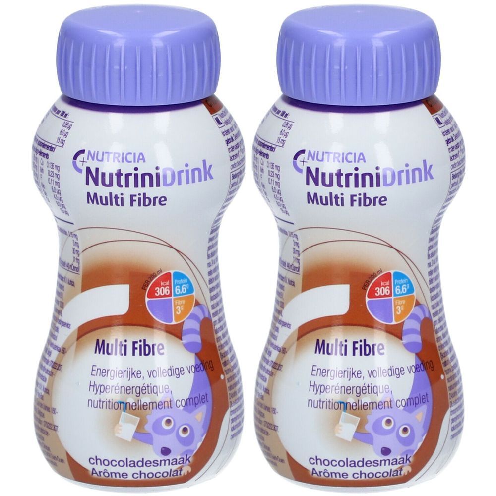 Deux bouteilles avec bouchons violets. Inscription: NutriniDrink Multi Fibre. Informations et motif de dessin animé sur l'emballage.
