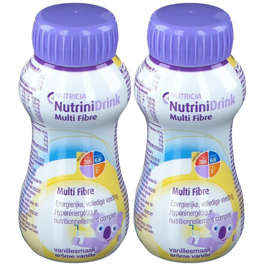 Deux bouteilles de NutriniDrink Multi Fibre. Bouchons violets, étiquettes blanches avec informations et logo.