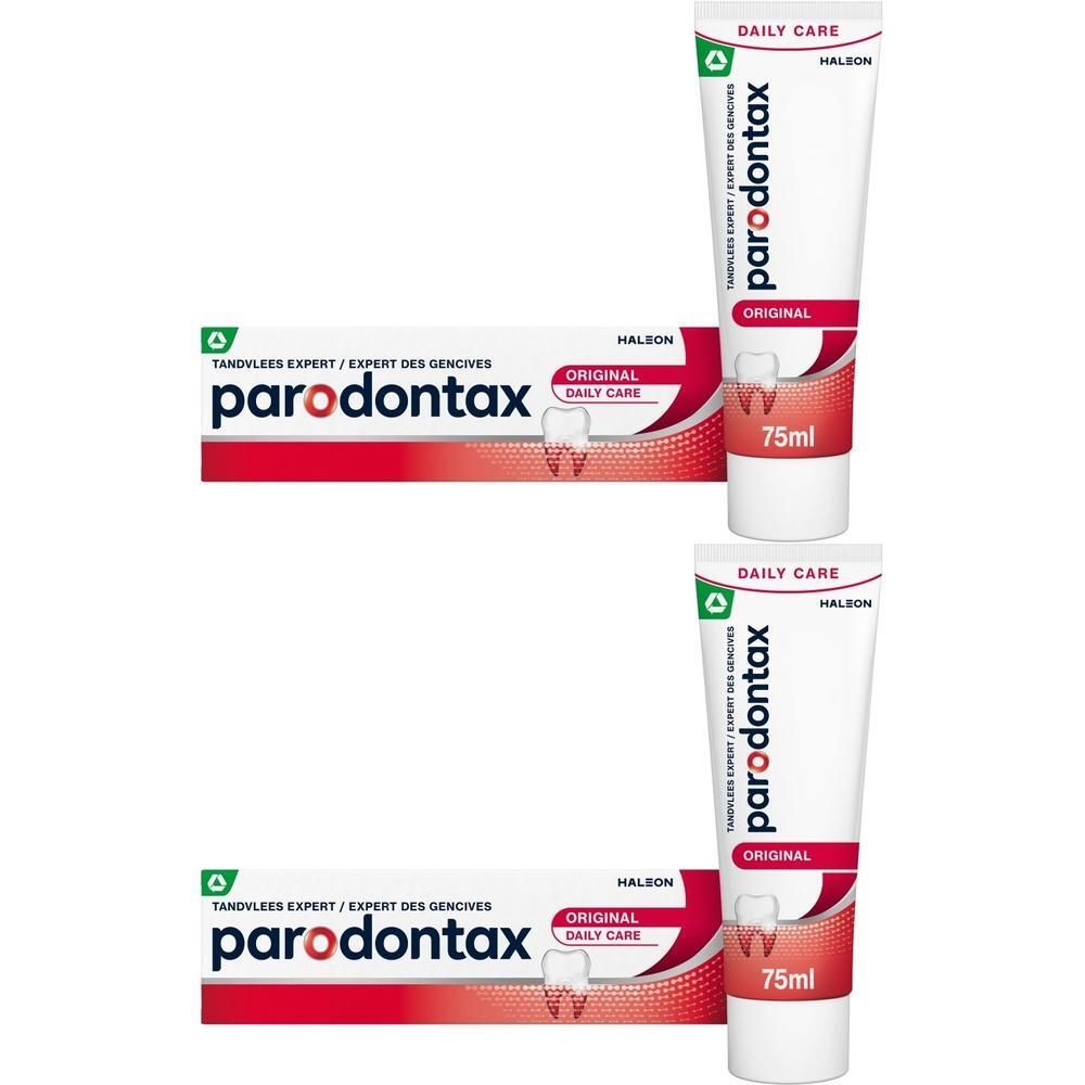 Twee pakken Parodontax Original tandpasta, waarvan één geopend.