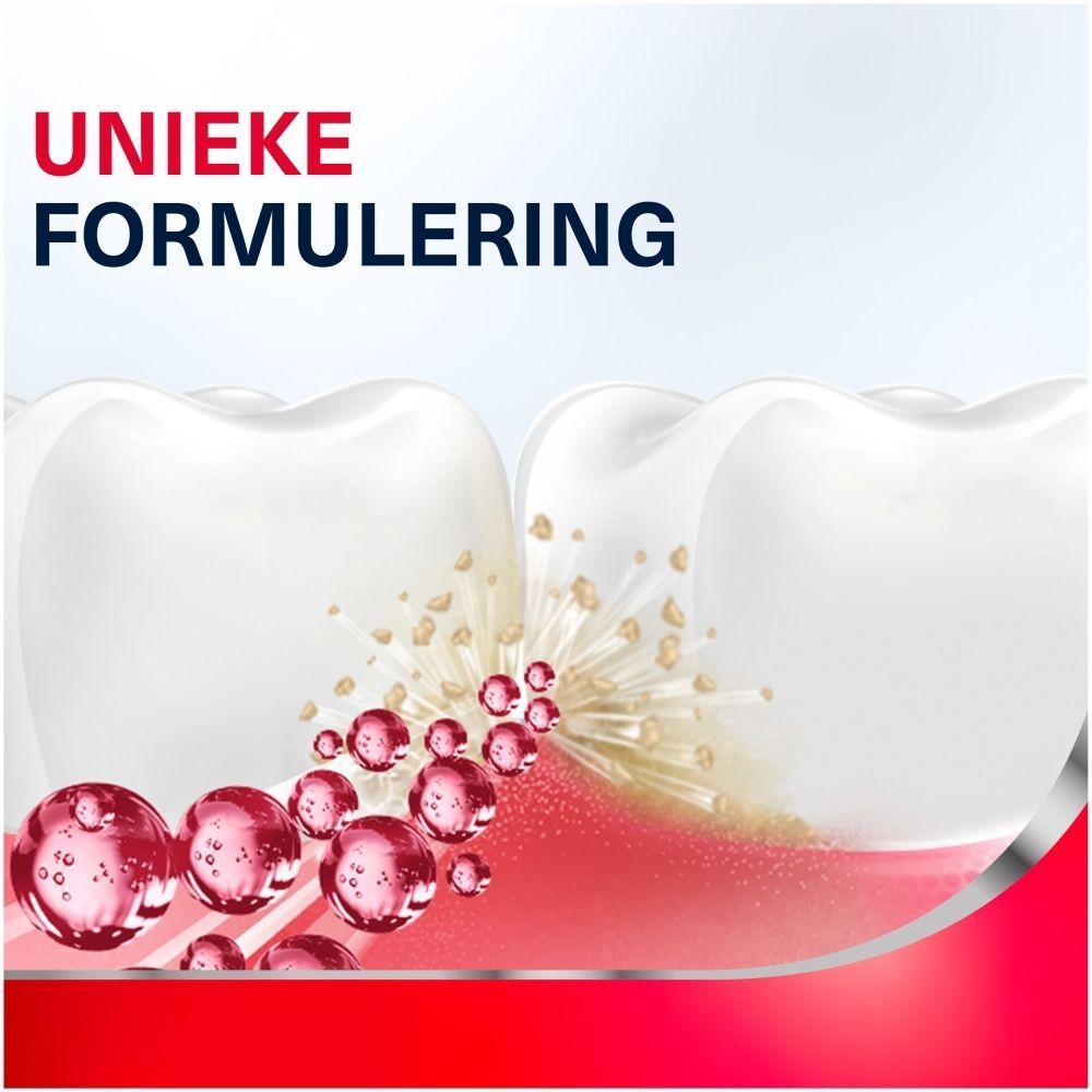 Close-up van een tand, rode cirkels met deeltjes, "4x effectiever".