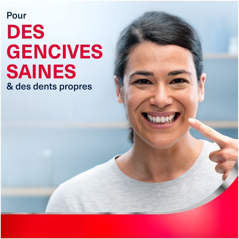 Gros plan de dents, bulles rouges et particules, "Formule unique".