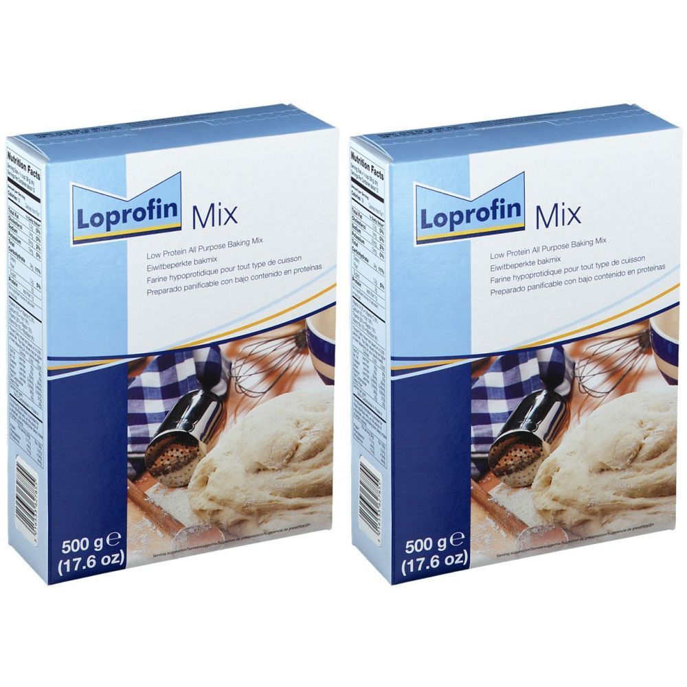 Twee dozen Loprofin Mix. Blauw-witte verpakking. Opschrift: Low Protein All Purpose Baking Mix. 500 g (17.6 oz).