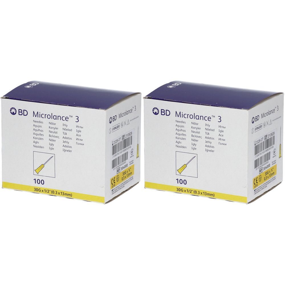 Twee dozen met gele naalden. Opschrift: BD Microlance 3, 100 stuks, 30G 1/2 (0,3 x 13 mm). CE-markering.