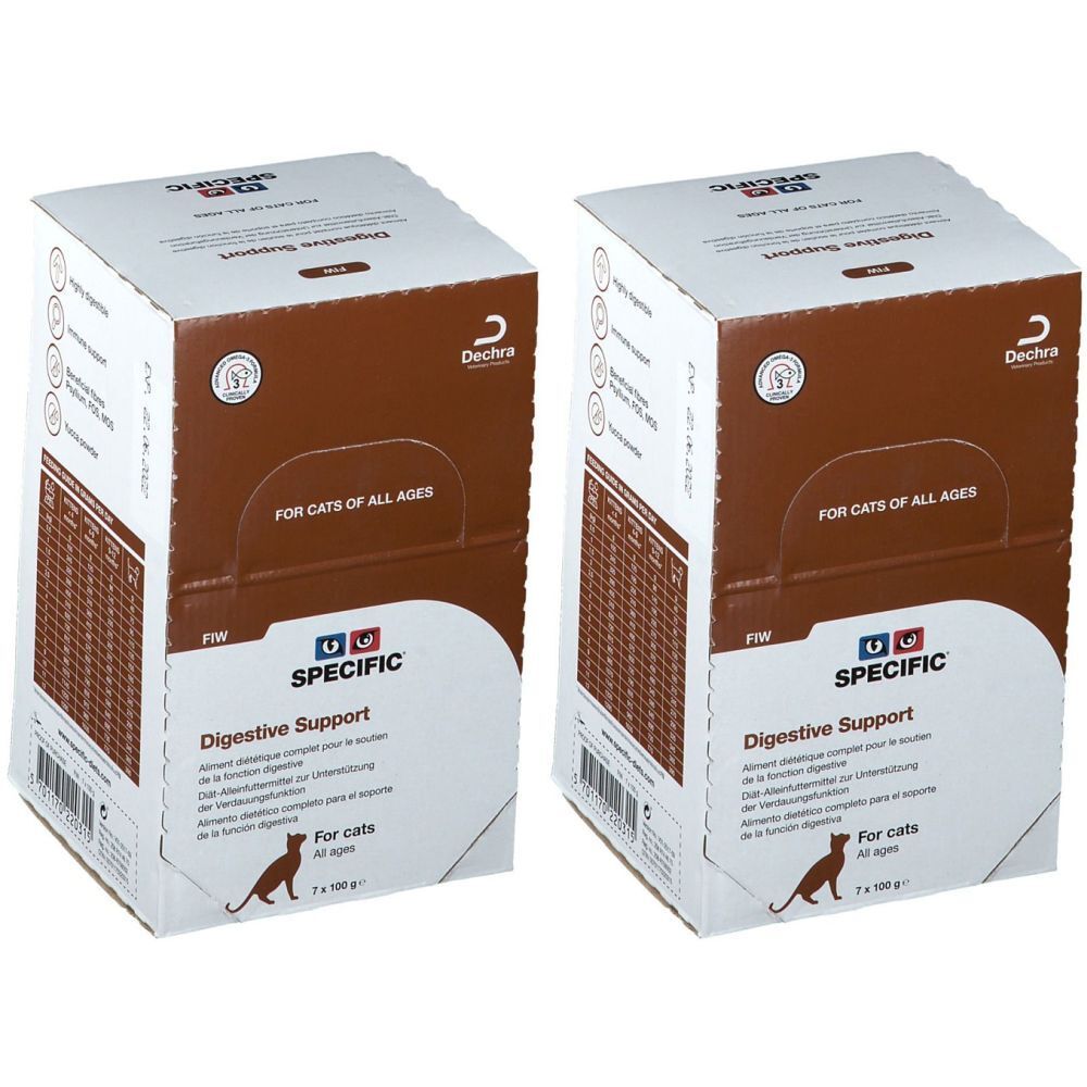 Deux boîtes de SPECIFIC Digestive Support pour chats. Emballage blanc et marron avec logo, texte et illustration de chat.