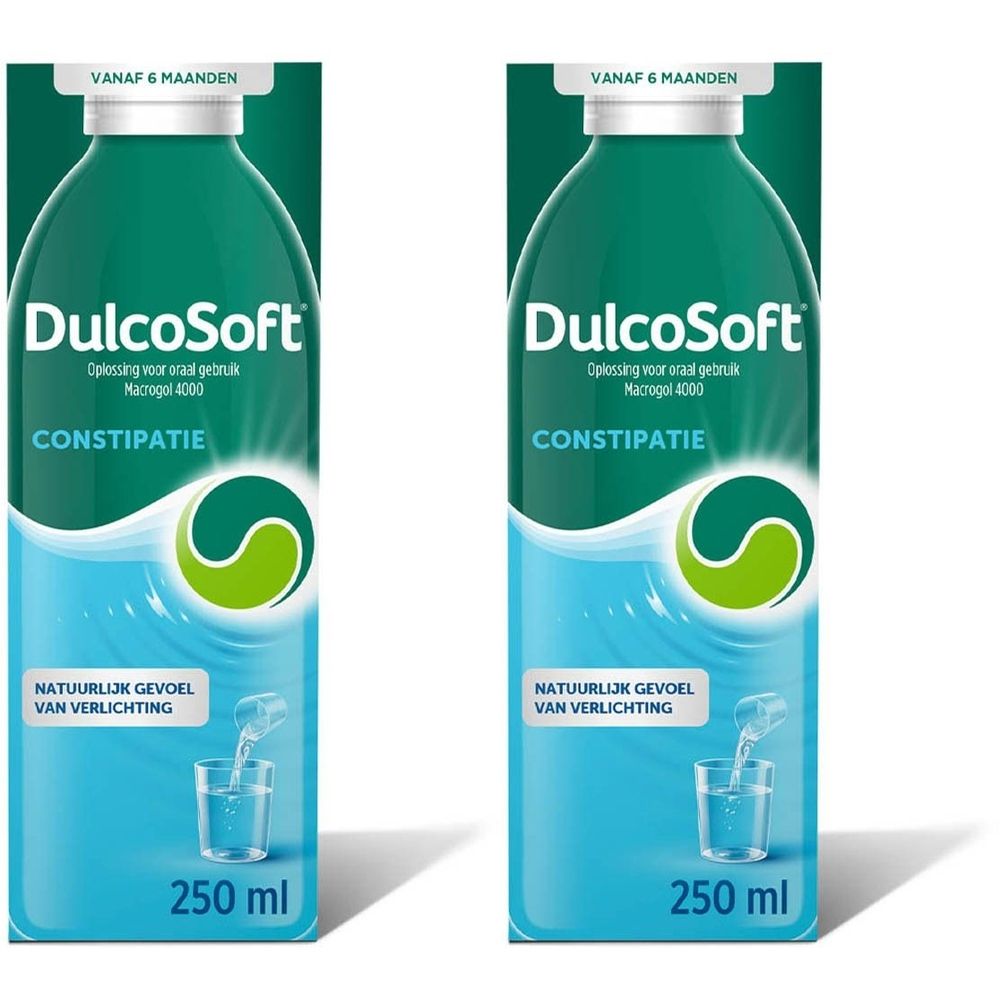 Fles DulcoSoft, groene vloeistof, tekst. Indicatie: Constipatie. 250 ml.