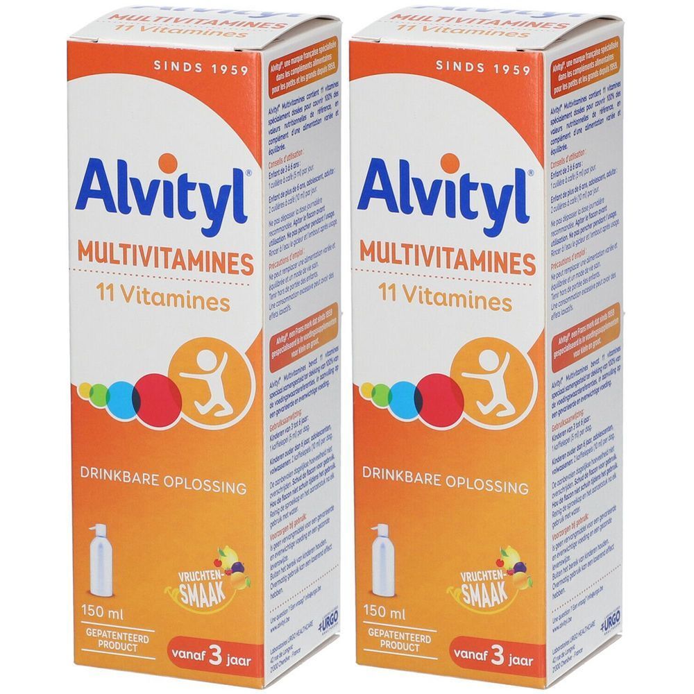 Twee dozen Alvityl Multivitamine. Opschrift: 11 vitaminen, drinkbare oplossing, fruitsmaak. Vanaf 3 jaar. 150 ml.