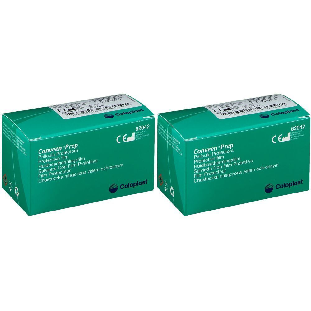 Deux boîtes vertes Conveen Prep. Inscriptions multilingues. Marque CE et logo Coloplast.