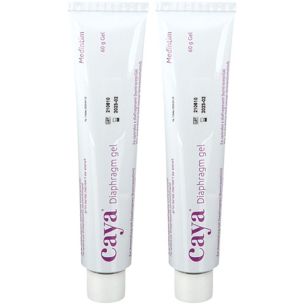 Deux tubes de gel Caya Diaphragm. Tubes blancs avec texte violet. Inscription : Medintim, 60 g Gel, date de péremption 2023-02.