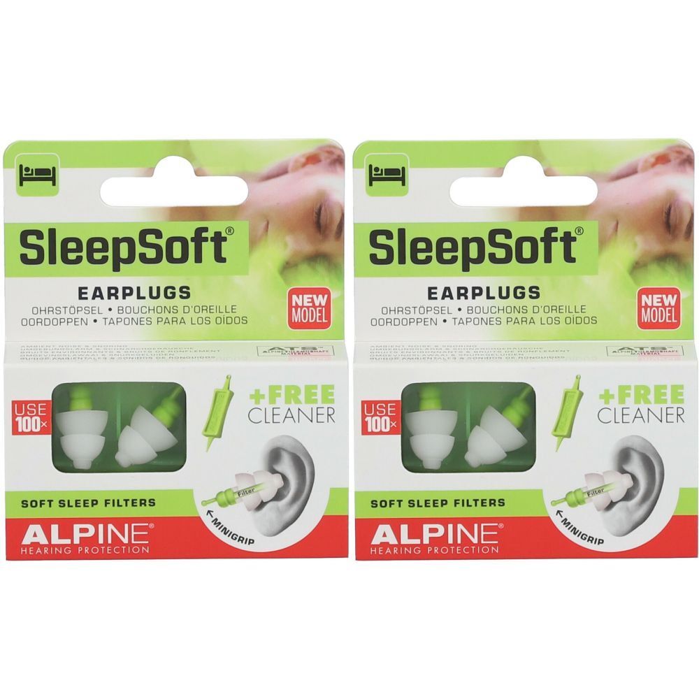 Twee verpakkingen Alpine SleepSoft® oordopjes. Elke verpakking bevat oordopjes, een reiniger en een oorillustratie. Tekst: SleepSoft, Earplugs.