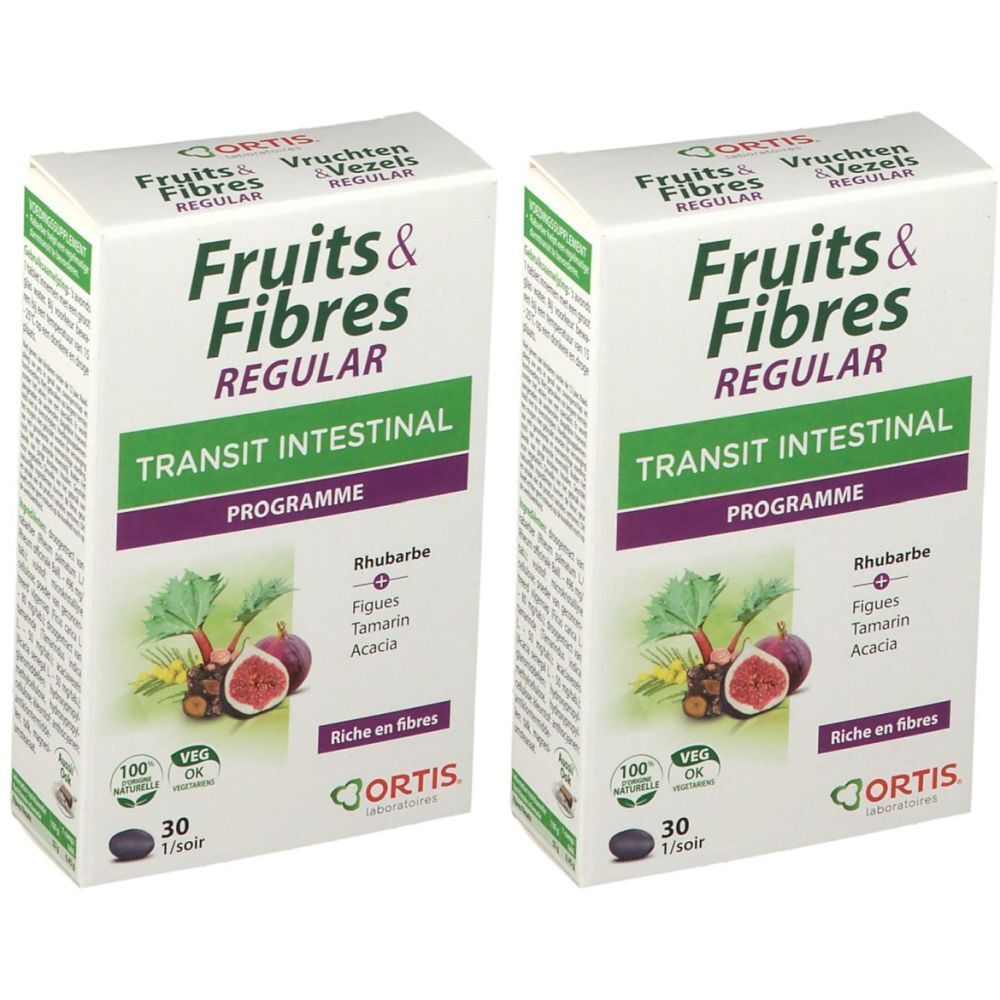 Twee dozen "Fruits & Fibres Regular". Illustratie van fruit op de verpakking. Onderaan "30 1/soir". Logo "ORTIS".