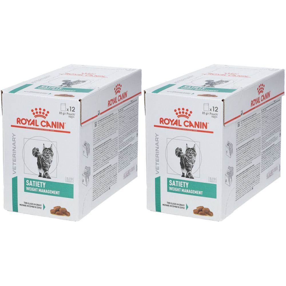 Twee dozen ROYAL CANIN SATIETY. Opdruk: kat, tekst, logo. Verpakking met 12 zakjes. Witte doos met groene en rode accenten.