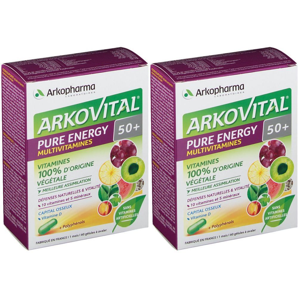 Deux boîtes ARKOVITAL PURE ENERGY 50+. Inscriptions : Multivitamines, Vitamines 100% d'origine végétale, meilleure assimilation.