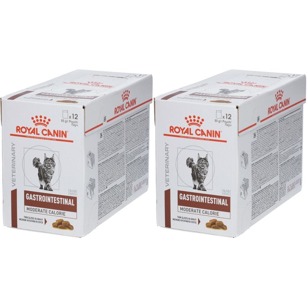 Deux boîtes de ROYAL CANIN® Feline Gastrointestinal Moderate Calorie. Inscription : ROYAL CANIN, VETERINARY, Gastrointestinal, Moderate Calorie. Image d'un chat.