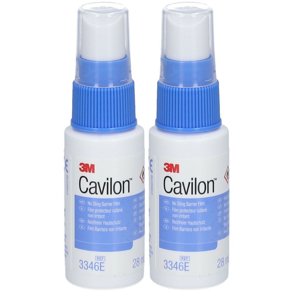 Deux flacons de Cavilon™ Film Protecteur Cutané. Flacons blancs avec bouchon et pulvérisateur bleus. Nom du produit et marque visibles.