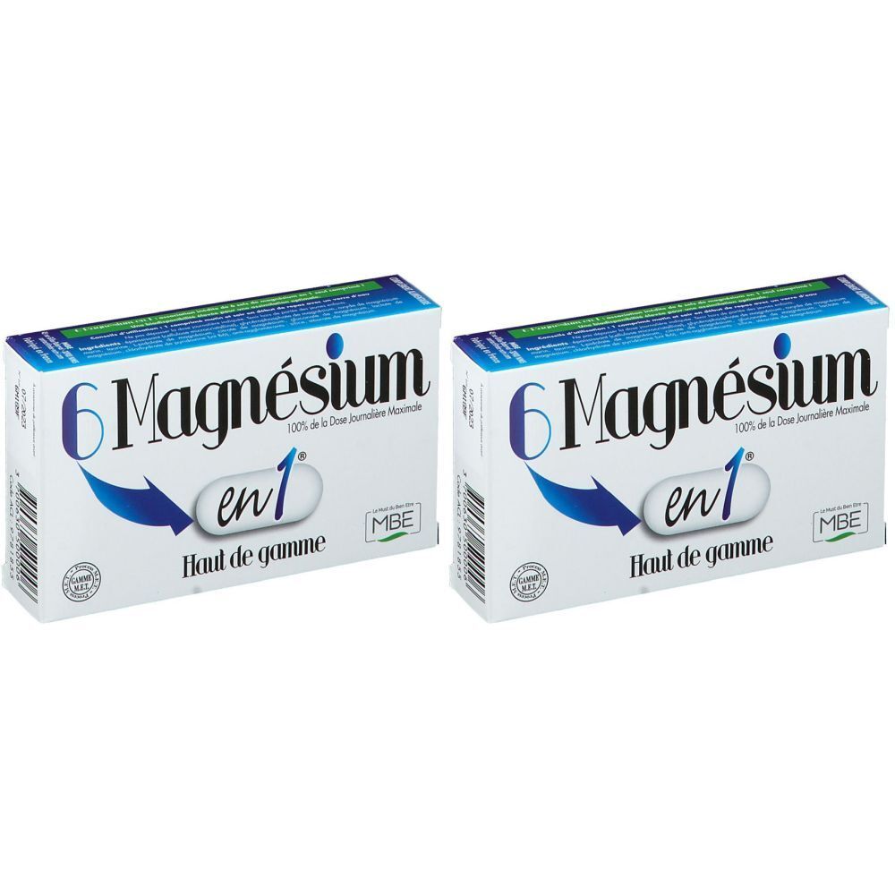 Deux boîtes de "Magnésium 6 en 1". Emballage blanc et bleu. Texte "Haut de gamme". Logo MBE.