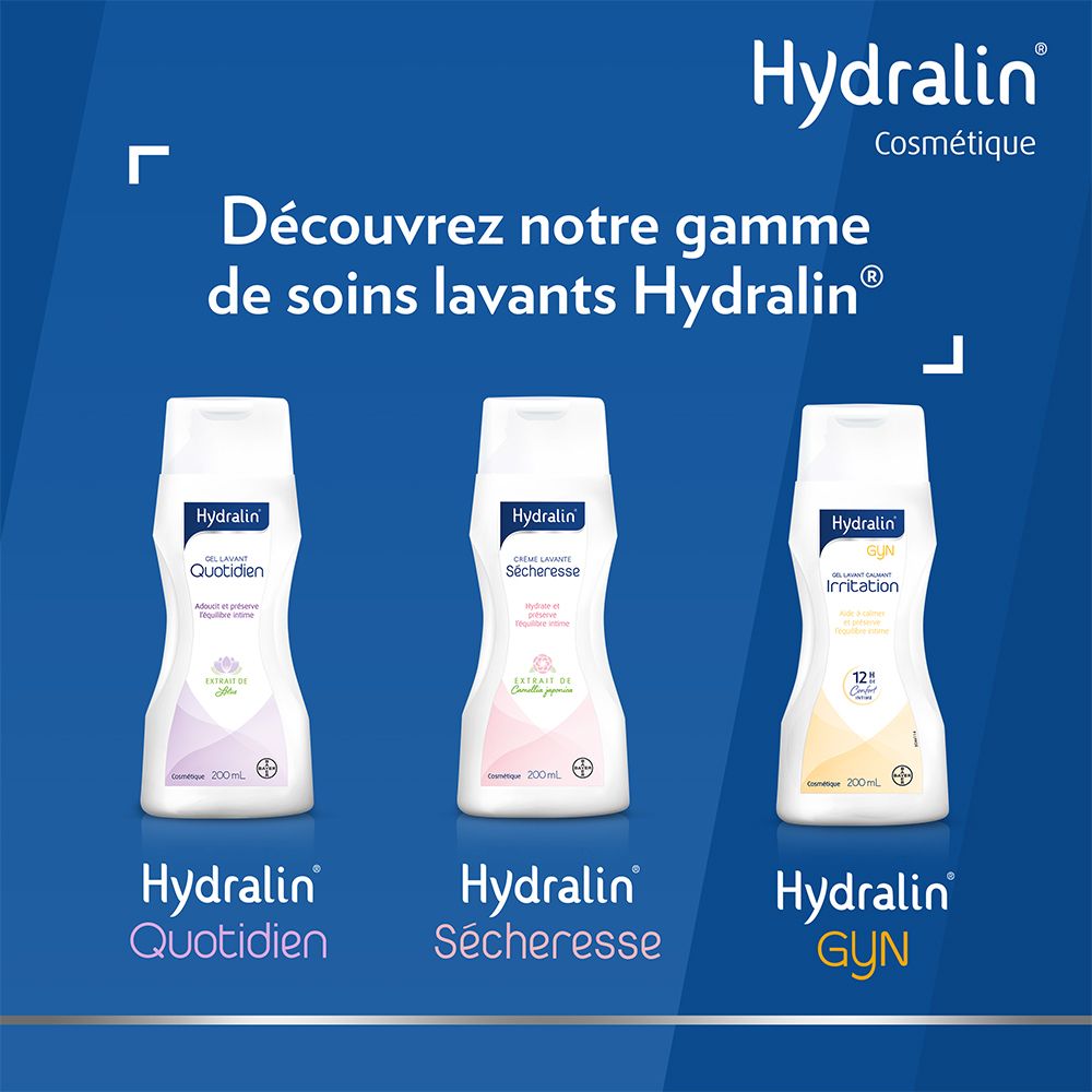 Trois flacons Hydralin. Texte: Découvrez notre gamme de soins lavants Hydralin.