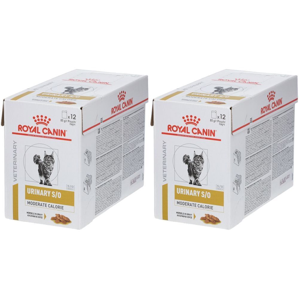 Deux boîtes ROYAL CANIN Urinary S/O Moderate Calorie. Blanc avec texte rouge et doré. Image d'un chat.