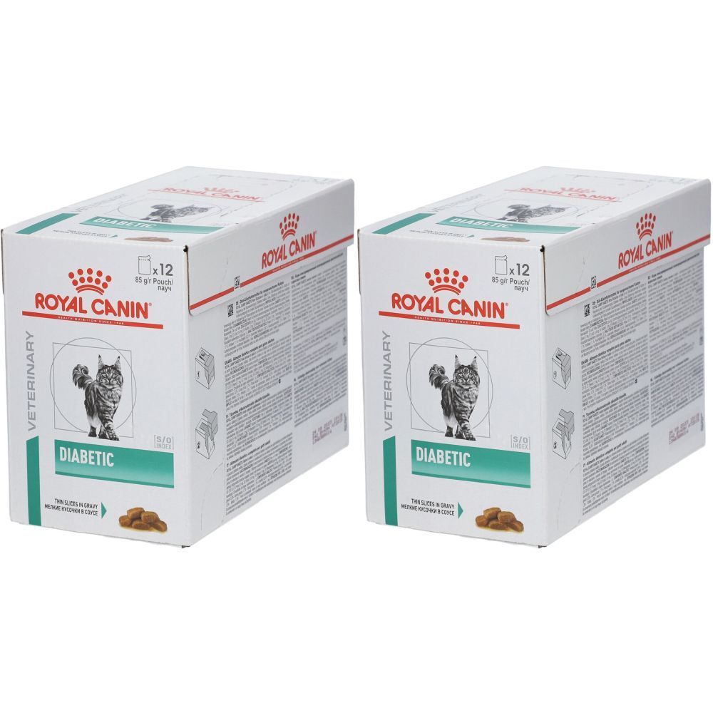 Twee dozen ROYAL CANIN Diabetiker-Chat. Opdruk: kat, Diabetisch, 12 zakjes. Wit met rode en groene accenten.
