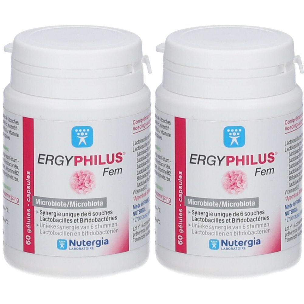 Twee witte flessen ERGYPHILUS Fem. Opschrift: Microbiote/Microbiota, 60 capsules. Merk: Nutergia.