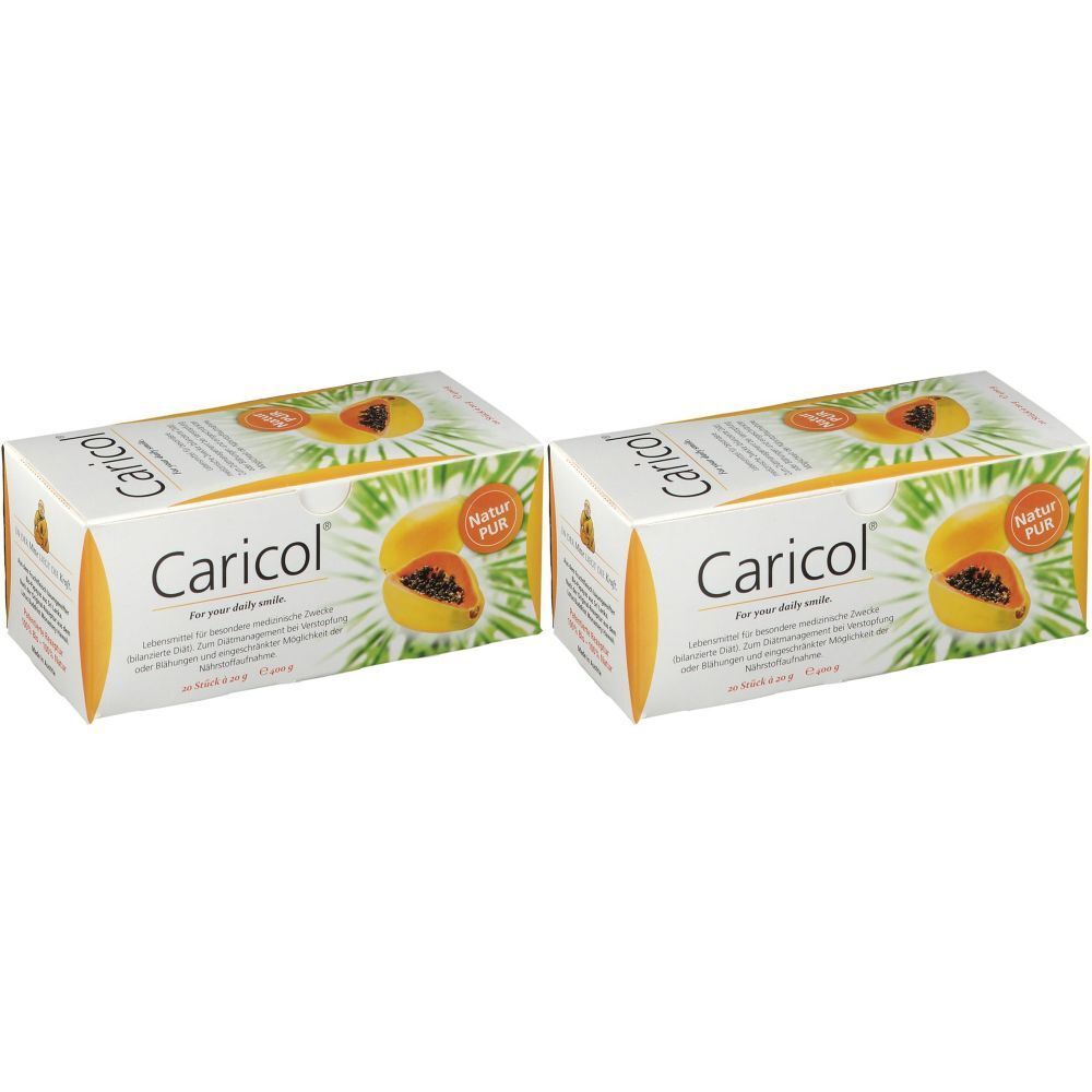Twee dozen met Caricol®. Afbeelding van papaya en de tekst "Natur Pur".