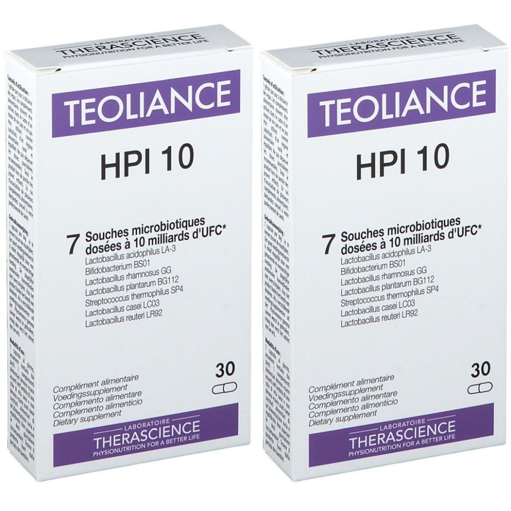 Twee witte dozen met paarse accenten. Opschrift: TEOLIANCE HPI 10. Bevat 30 capsules. Meertalige tekst.