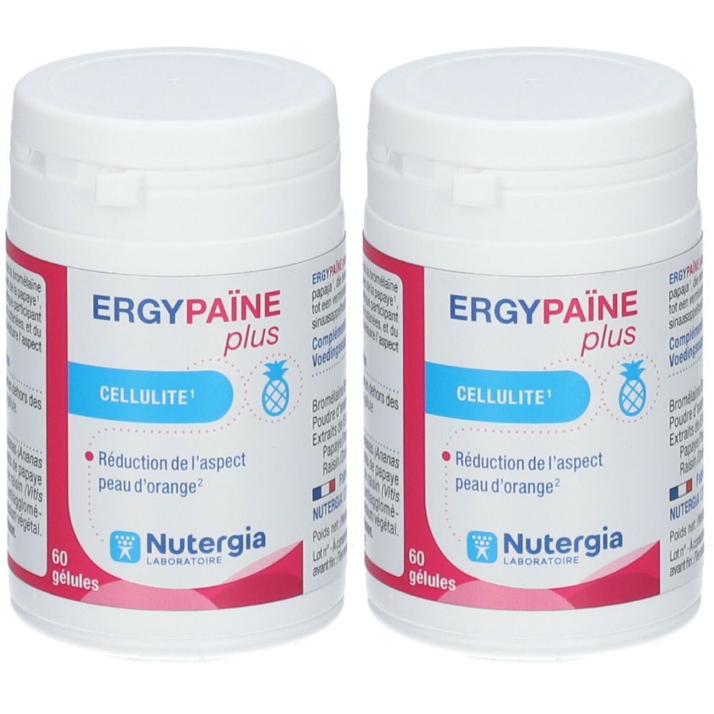 Twee witte potten met rode en blauwe etiketten. Opschrift: ERGYPAÏNE plus, CELLULITE, 60 capsules. Merk: Nutergia.