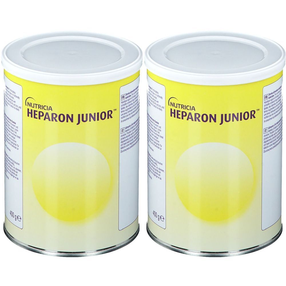 Deux boîtes de NUTRICIA HEPARON JUNIOR. Fond jaune, couvercle blanc. Inscription et logo sur la boîte.