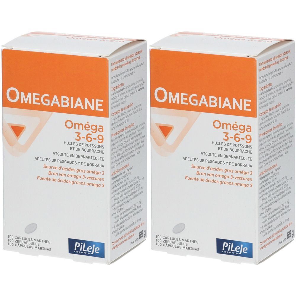 Deux boîtes blanches avec des accents orange. Inscription: Omegabiane Oméga 3-6-9. Marque : PiLeje. Contient des gélules.