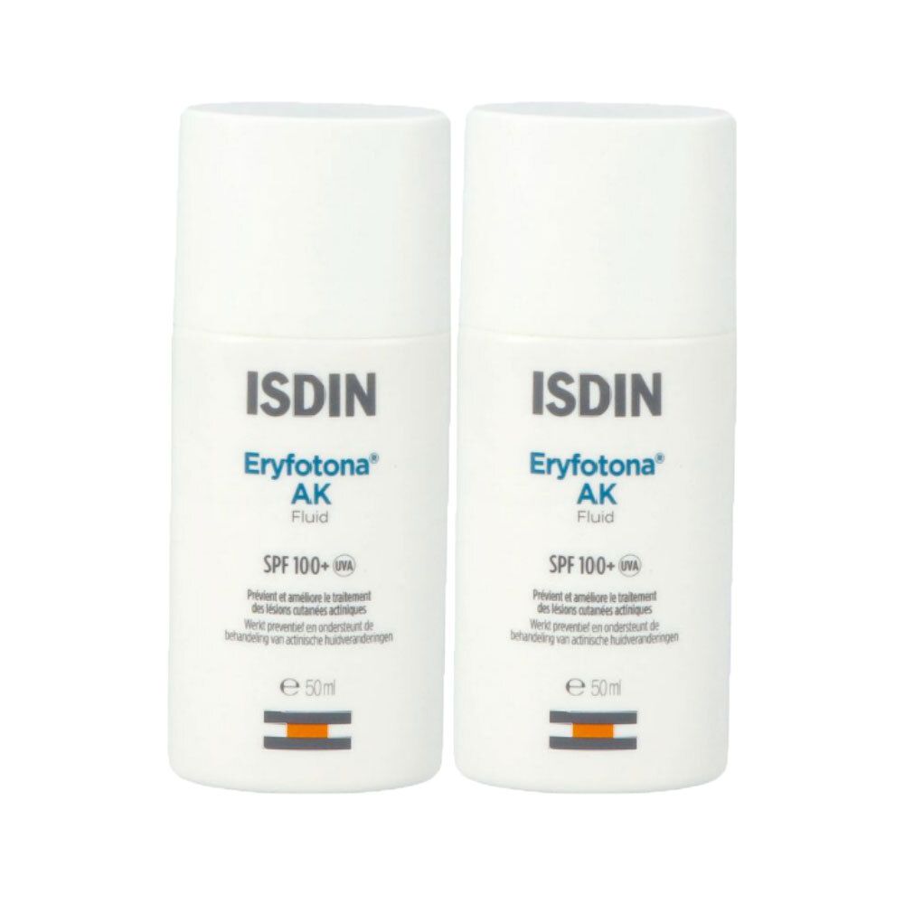 Deux flacons blancs avec ISDIN, Eryfotona AK Fluid, SPF 100+. Accents orange et rouge. Forme cylindrique avec bouchon blanc.