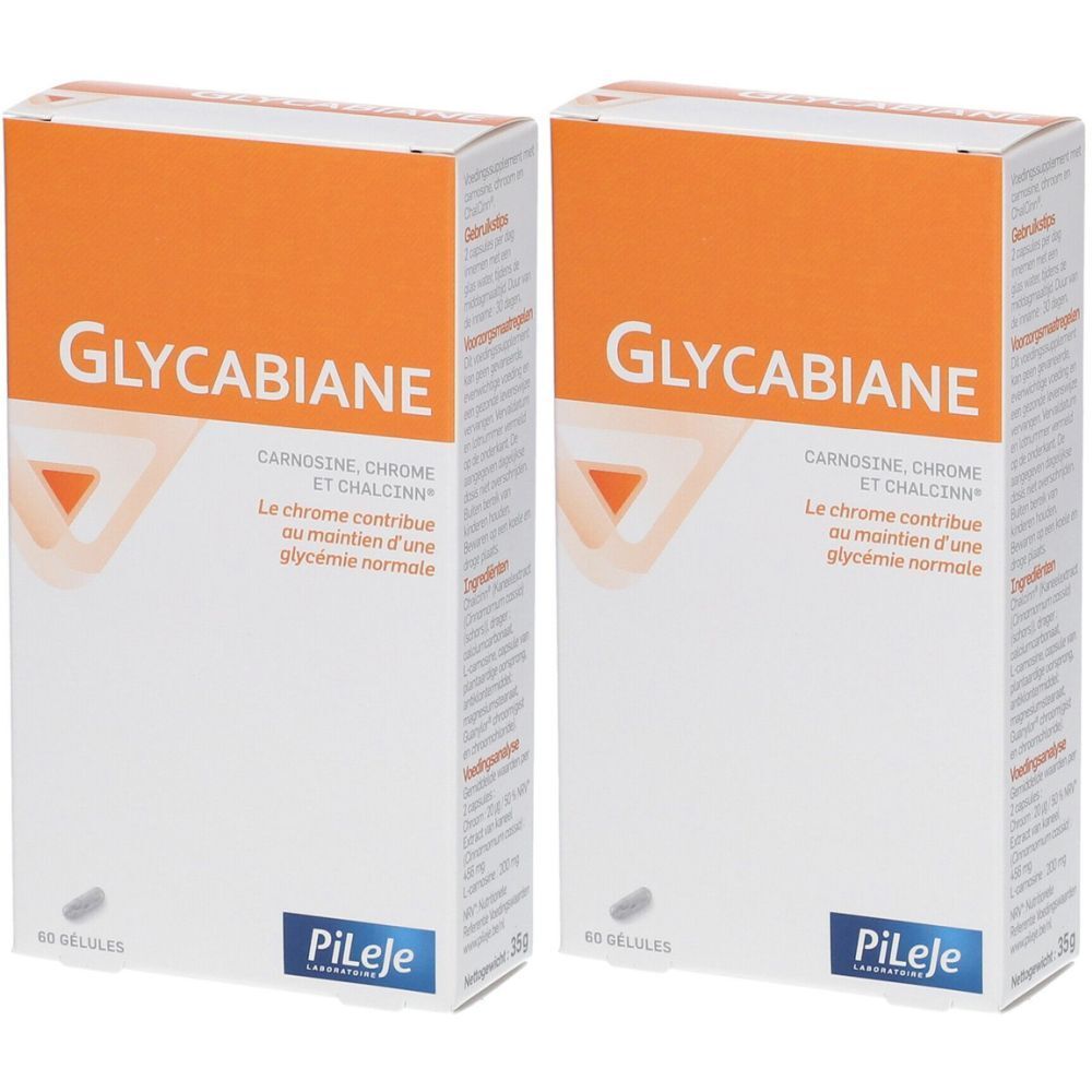 Deux boîtes blanches avec couvercle orange. Inscription: Glycabiane, Carnosine, Chrome, Chalcinn. Marque: PiLeje. 60 gélules.