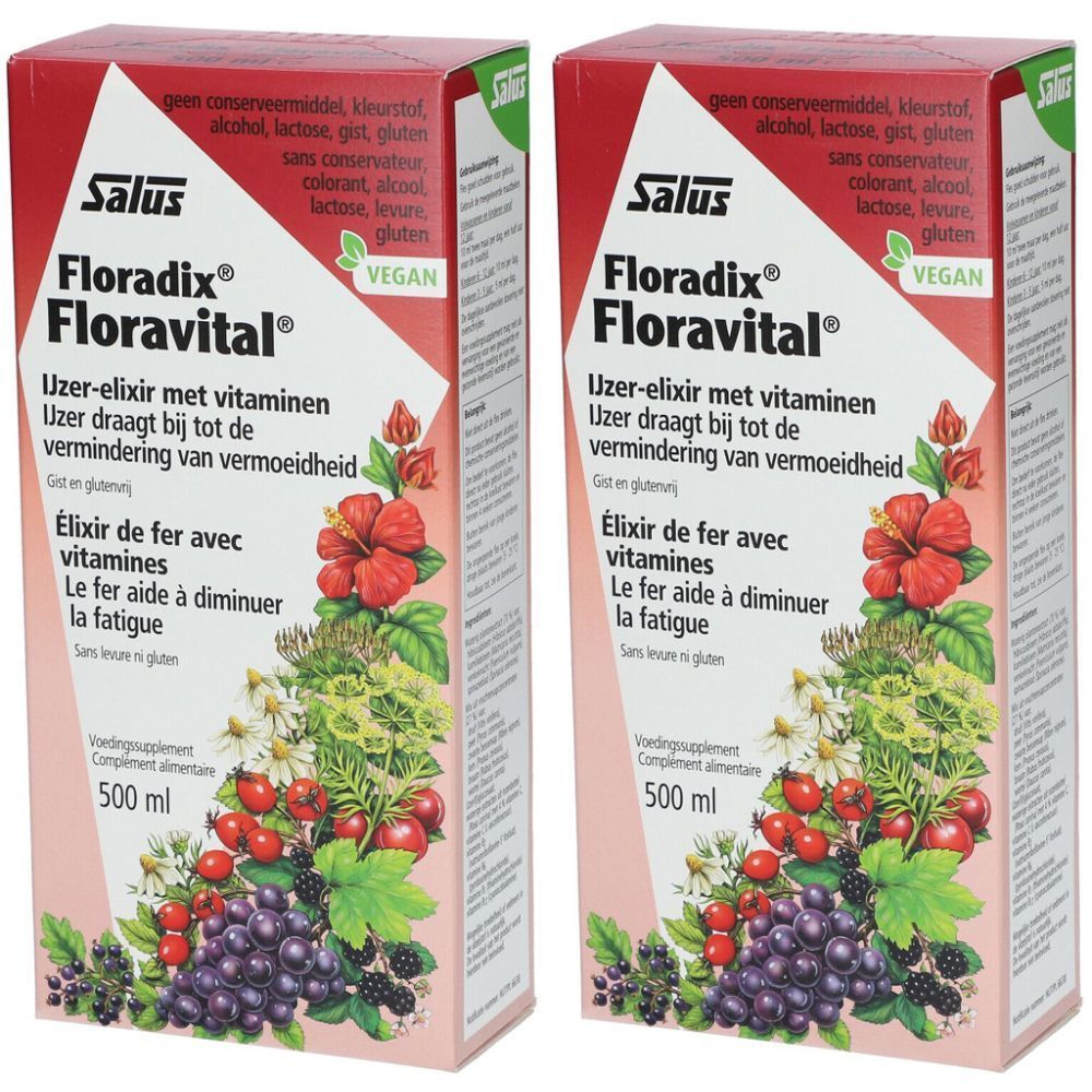 Twee dozen Salus Floradix Floravital. Rode verpakking met bloemenillustraties en productinformatie. Vegan.