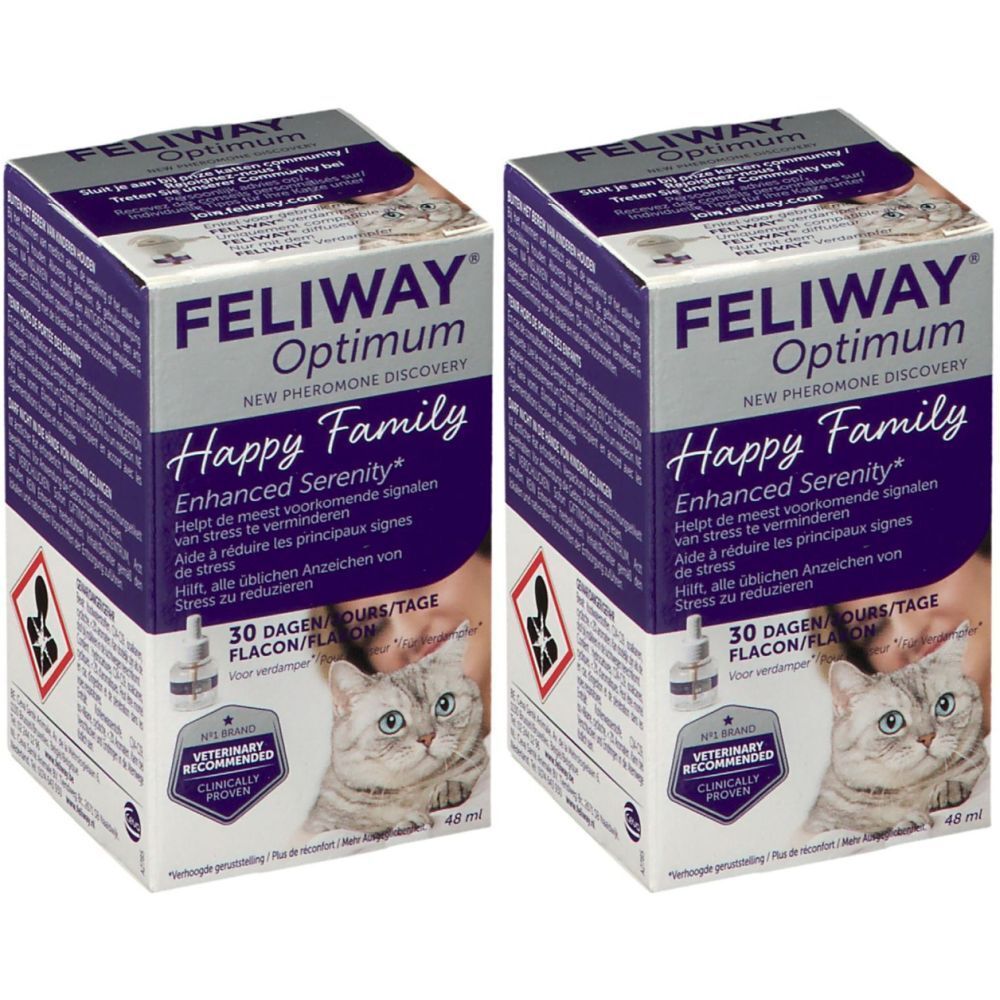 Deux boîtes FELIWAY Optimum Happy Family. Emballage violet avec nom du produit, illustration de chat et texte. Sceau "Veterinary Recommended".